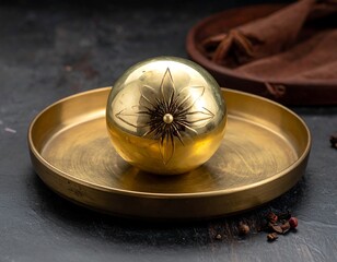 A golden, decorative sphere with a starburst design, placed on a brass tray, alongside other culinary elements