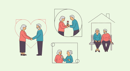 Fototapeta premium Lovely elderly couples enjoying togetherness, holding hands, exchanging flowers, sharing a moment