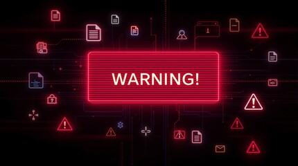 Glowing red warning signs on digital interface indicate danger and risk in a futuristic technology concept. Ideal for illustrating cybersecurity threats, errors, or system failures.