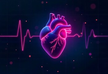 Symbolic human heart illustration with ECG waveform and AI data patterns on dark tech background, representing futuristic AI-powered heart disease diagnosis and modern digital healthcare innovation.