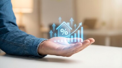 A person's hand holding a glowing blue house icon with a rising graph and percentage sign, symbolizing real estate growth and financial success