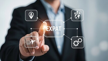 Businessman interacting with expat interface on digital screen