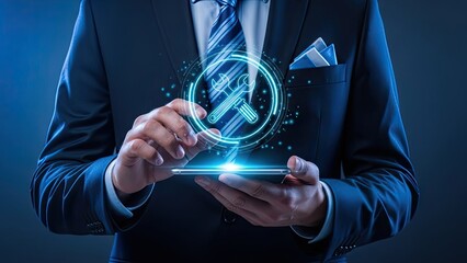 Businessman interacting with futuristic digital interface on smartphone