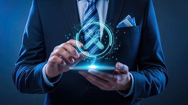 Businessman interacting with futuristic digital interface on smartphone - Powered by Adobe