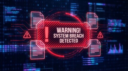 A warning sign indicating a system breach detected on a digital interface with a dark background and neon red glow.