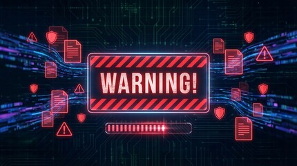 A futuristic illustration of cyber warning signs and symbols on a dark circuit board background, conveying a sense of danger and caution in the digital world.