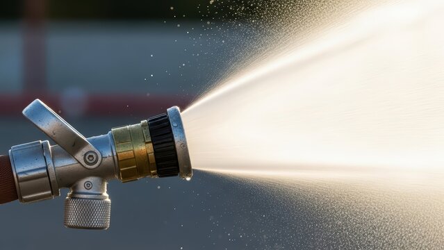 Close-up of fire hose nozzle spraying water with mist effect in sunlight