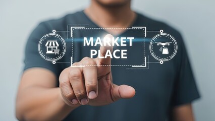 Man interacting with virtual marketplace interface on finger touch