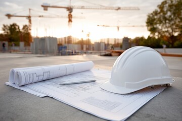 White hard hat and blueprints on construction site ground with cranes in background. Engineering and architecture planning concept for building success.