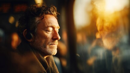 Middle-aged man with his eyes closed and wearing headphones in sunlight against blurred window. Concept of digital detoxification, slow living.