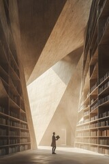 Man stands between high bookshelves in library in sunlight. Concept of library is like shelter, silence in megalopolis.