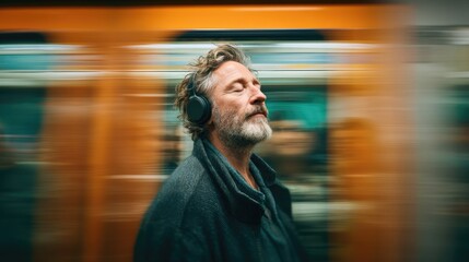Middle-aged man with his eyes closed and headphones on station platform against background of fast-moving train. Concept Digital Detox, Slow Living.