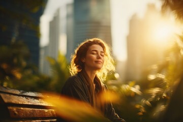 Concept Digital Detox, Slow Living. Woman sitting on a wooden bench in a tiny hidden green pocket park surrounded by towering reflective glass skyscrapers.