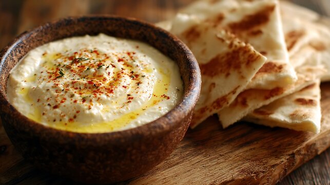Creamy, homemade hummus, garnished with olive oil and spices, is presented with warm pita bread on a rustic wooden.