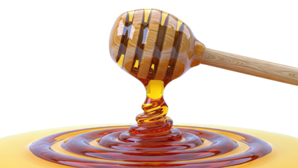 Honey dripping from a wooden dipper