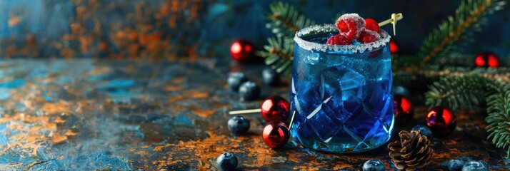 A blue cocktail garnished with raspberries and a sprig of mint. Surrounded by red ornaments and pine branches on a textured surface. copy space, free space for text