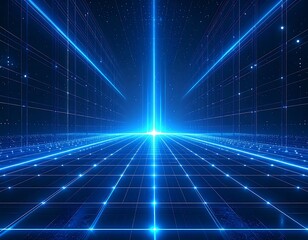 A futuristic digital tunnel with glowing blue lines and grid patterns