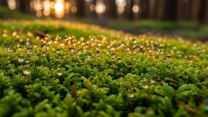 Golden hour dew drops glistening on vibrant green moss in a serene forest setting
