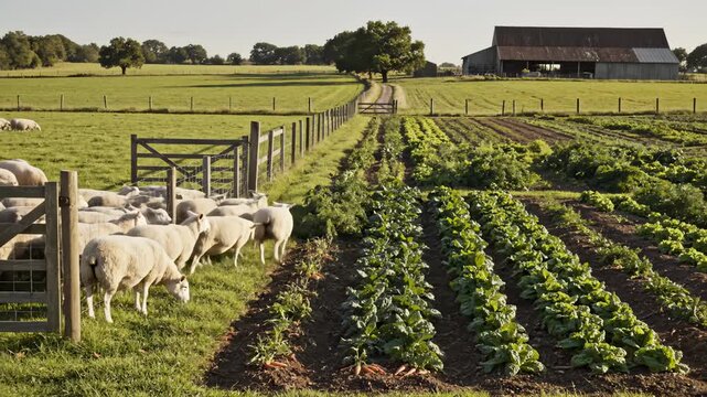 Flock of Sheep Grazing Beside Vegetable Garden on a Sunny Day