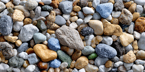 A gravel path, viewed from above, decorated with various pebbles. The fine texture includes different shapes and colors.