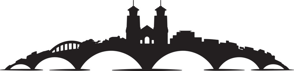 Fototapeta premium Detailed skyline silhouette with twin spired cathedral large stone bridge and smaller city elements