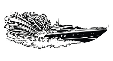 Dynamic yacht cutting through stylized waves a vintage inspired black and white illustration silhouette