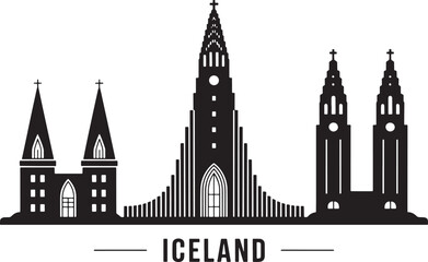 Naklejka premium Iceland skyline with iconic churches and famous landmark silhouette