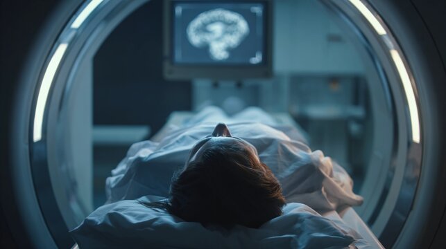 Magnetic Resonance Imaging Procedure in Modern Hospital. Advanced Radiology Equipment Used for Brain MRI Scan