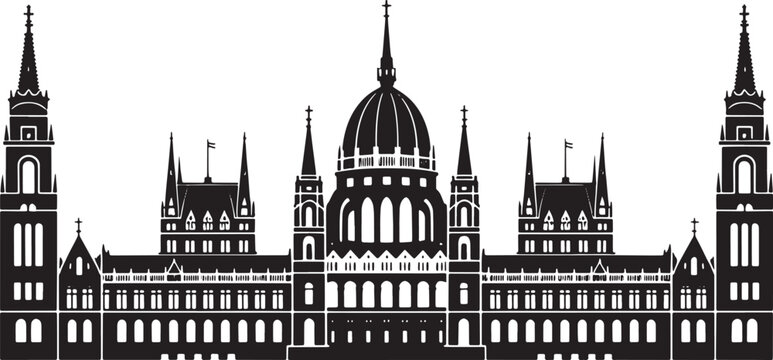 Hungarian parliament building silhouette icon with budapest architecture landmarks and city sign