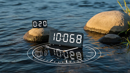 Digital clocks on rocks in water with ripples concept of time and environment modern technology in nature - Ai Generated