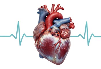 Minimalist medical illustration of a realistic human heart with ECG waveform and subtle AI data patterns, representing AI-powered heart disease diagnosis and modern healthcare technology.