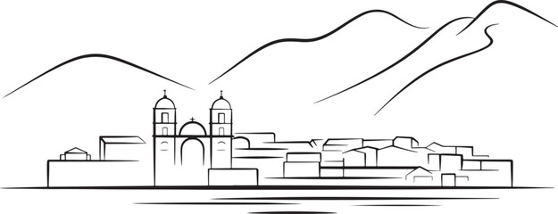 Obraz premium Mountain landscape with historic city line art drawing ancient buildings natural view
