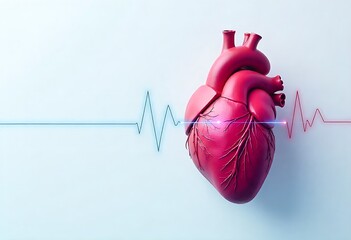 Minimalist medical illustration of a realistic human heart with ECG waveform and subtle AI data patterns, representing AI-powered heart disease diagnosis and modern healthcare technology.