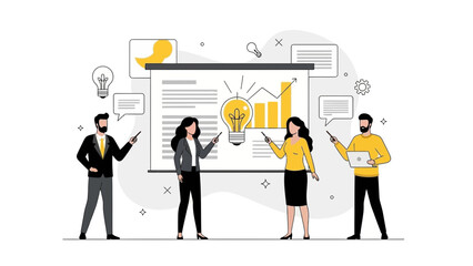 Business team presenting new idea and strategy on whiteboard with charts and lightbulb.