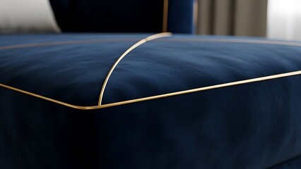 Elegant deep blue velvet cushion with stylish gold piping, showcasing luxury fabric