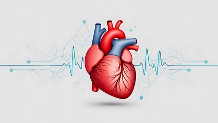 Minimalist medical illustration of a realistic human heart with ECG waveform and subtle AI data patterns, representing AI-powered heart disease diagnosis and modern healthcare technology.