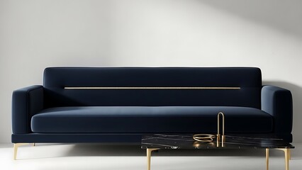 Elegant navy velvet sofa with sophisticated gold accents in a minimalist modern living room