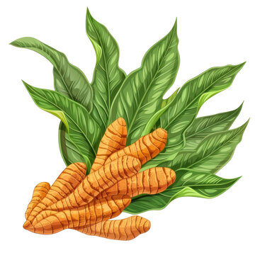 Vibrant turmeric roots surrounded by lush tropical leaves isolated on white background