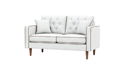 White Tufted Loveseat with Decorative Piping and Wooden Legs