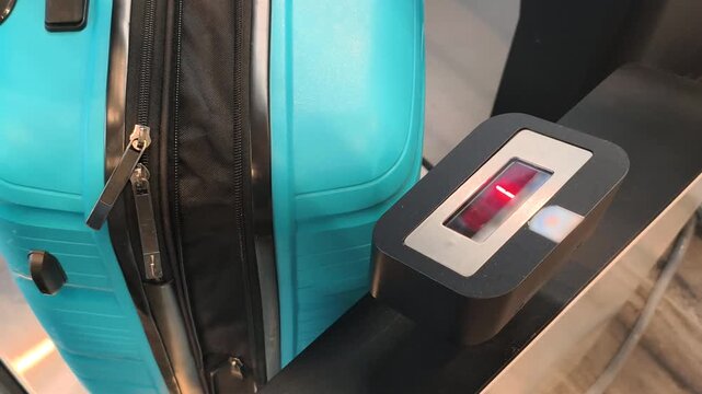 Digital Luggage Scale shows numbers in airport. Accurate Digital Luggage Scale measures mass of turquoise suitcase. Every Digital Luggage Scale helps to check weight before long flight.