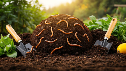 Worms in soil with garden trowels compost and green plants earthworms in dirt gardening tools organic gardening concept - Ai Generated