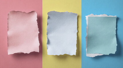 Three torn pieces of paper with different pastel color backgrounds