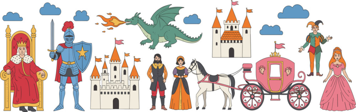 Medieval fairy tale characters set with king, knight, princess, dragon, castle and royal carriage vector illustration