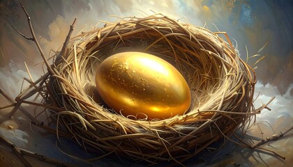 A golden egg rests serenely within a meticulously constructed nest of interwoven twigs and fibers, set against a painterly sky