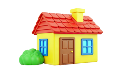 3D Rendered Cartoon House with Red Roof and Yellow Walls
