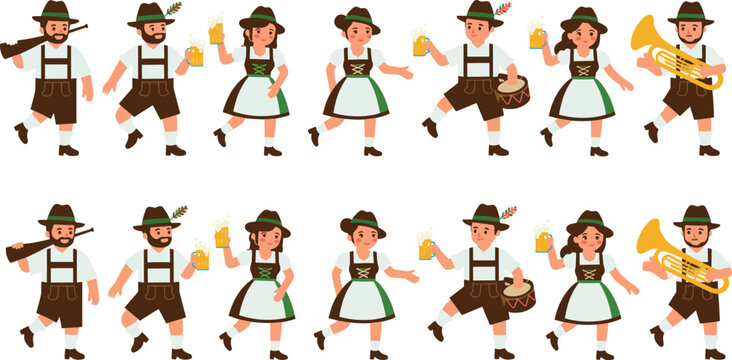 Oktoberfest people dancing and celebrating with beer, traditional Bavarian costumes, folk festival character illustration set