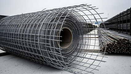 Large roll of metal wire mesh fencing on concrete ground with stacked rolls in background - Ai Generated