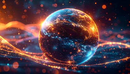 A futuristic digital illustration of a glowing globe surrounded by vibrant, swirling orange lights and specks against a dark background