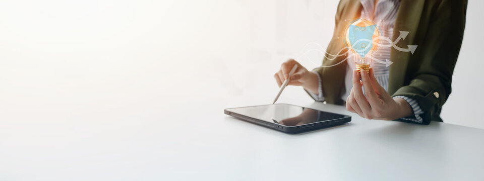 Business professional interacts with glowing artificial intelligence concept above digital device, representing AI innovation, smart technology and modern data driven solutions shaping future business - Powered by Adobe