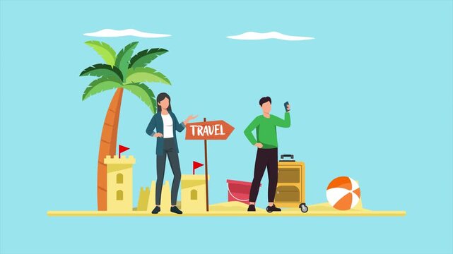 Animated video of goal candid travel selfie on the beach. Candid Travel concept. Full length animation illustration. High quality&nbsp;4k&nbsp;footage